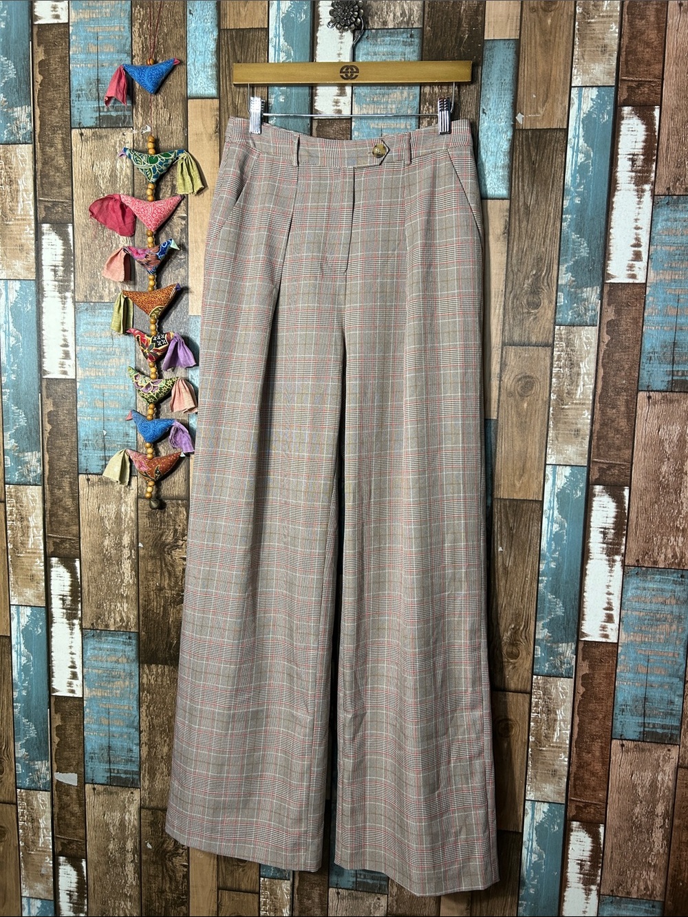 Walter Baker Light Gray Plaid Wide-Leg Dress Pants with Pink Windowpane